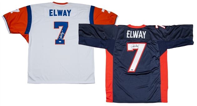 Lot of (2) John Elway Signed authentic Throwback Navy Jersey and 1994 Throwback style Denver Broncos White Jersey (JSA/Steiner)